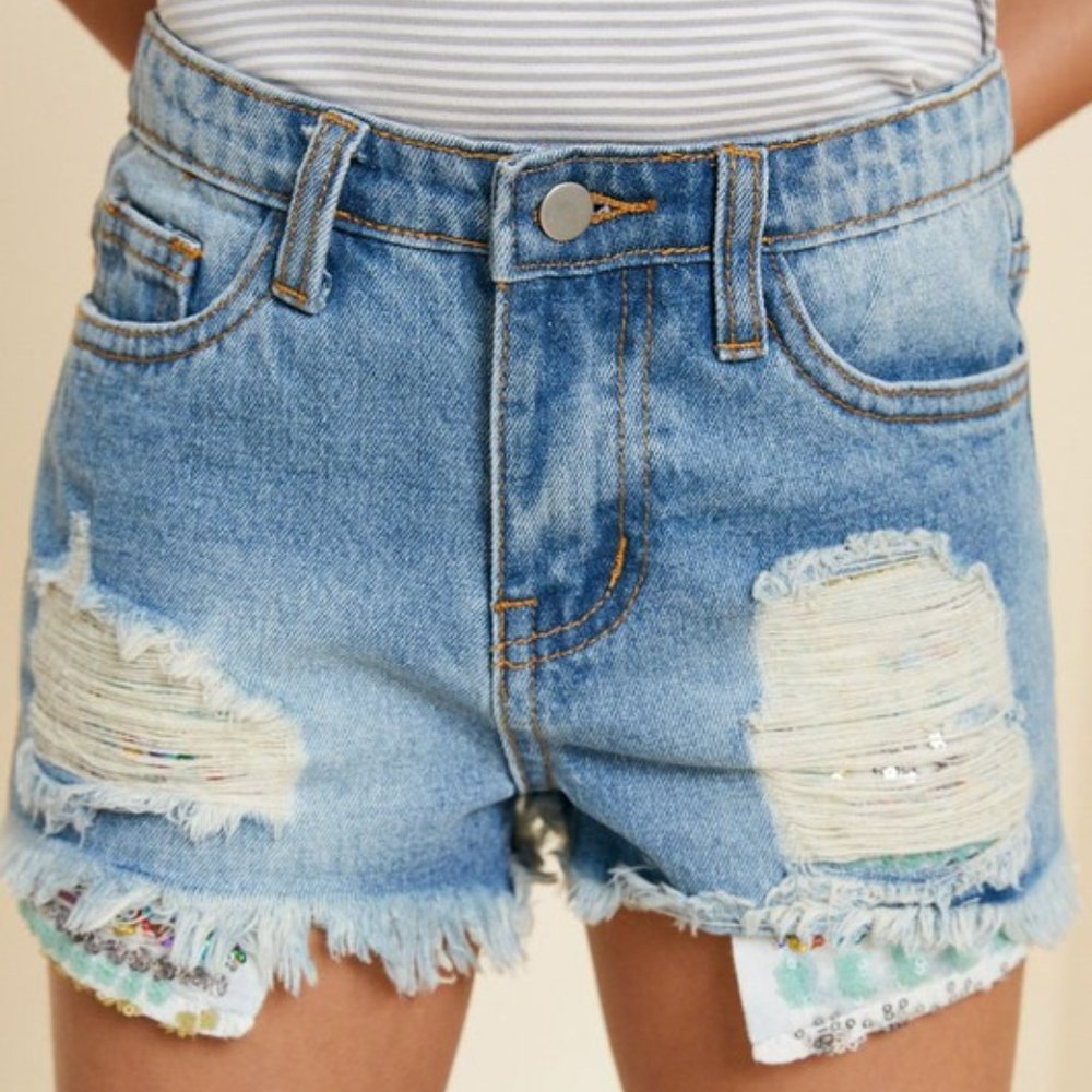 NWT Haden Girls Brand Size XL (13/14) Denim Cutoff Shorts With Sequin Detail
